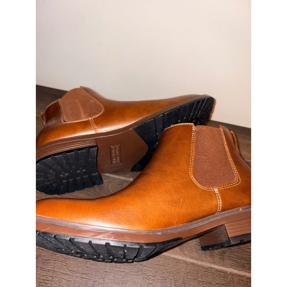 Perry Ellis Portfolio Mens Cognac Brown Chelsea Boots Ankle Pull On Lug Sole